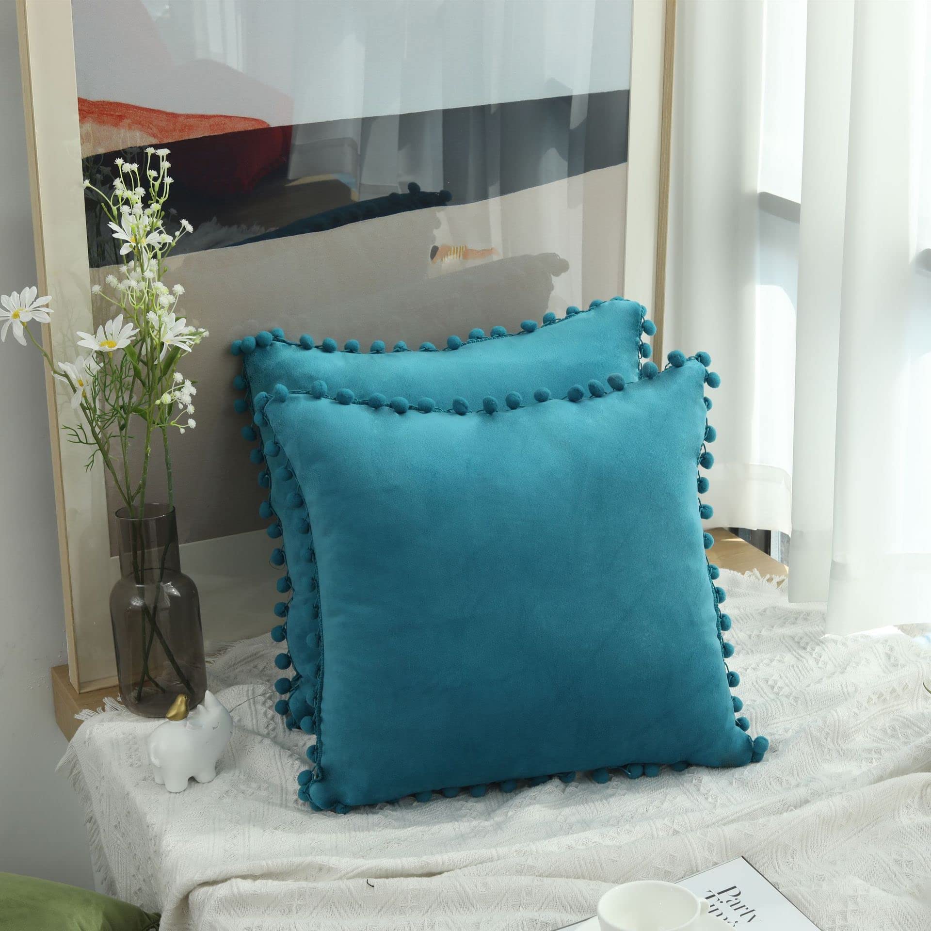 Hediloo Cushion Covers Pack of 2 Soft Velvet Throw Pillow Cases with Pom Pom Invisible Zip for Sofa Chair Living Room (Peacock Blue, 40 * 40cm) โ image 1