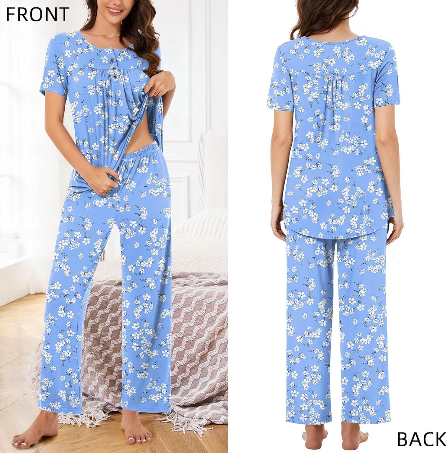 Bestbee Women's Pajama Sets 2 Piece Summer Sleepwear Lounge Outfits Short Sleeve Long Pants With Pockets Ladies Pjs - Image 4