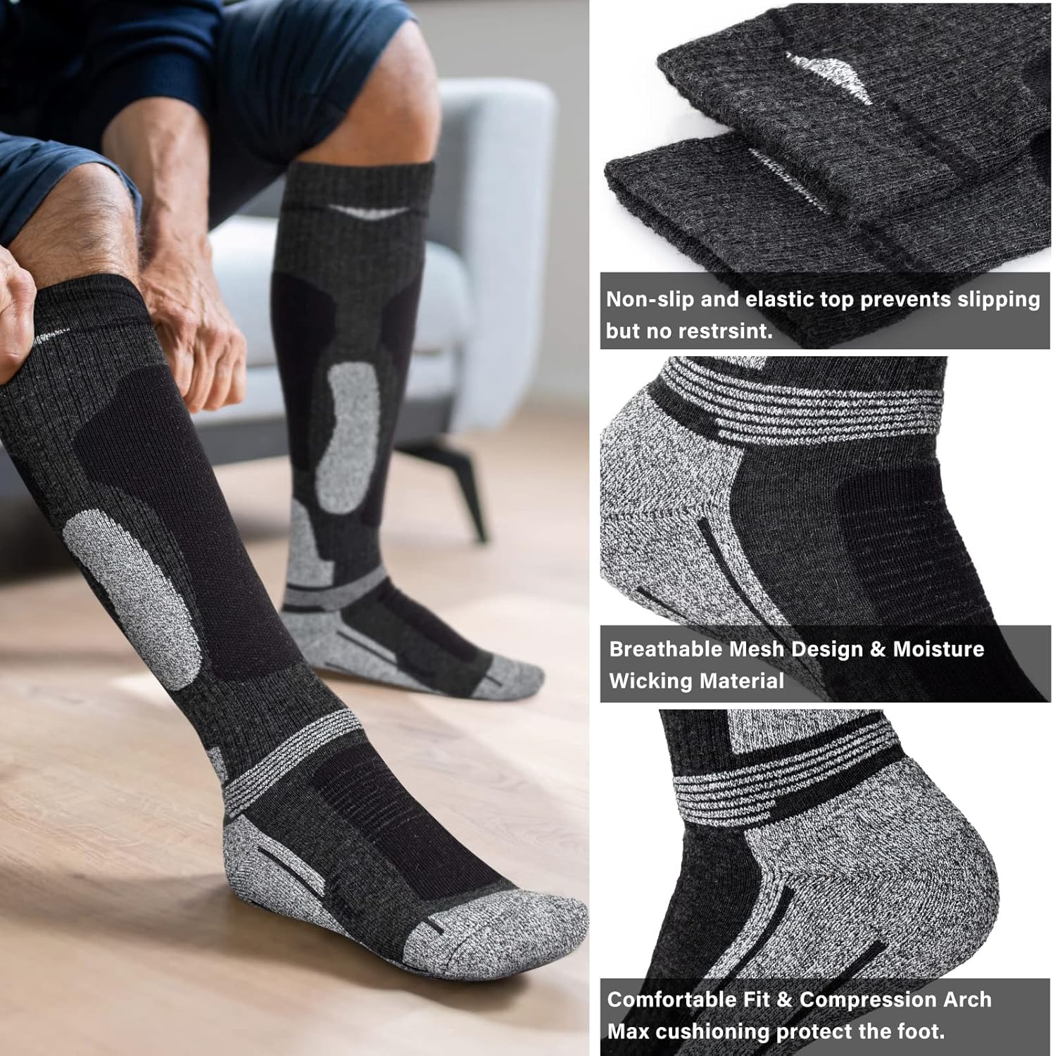 Merino Wool Ski Socks 2 Pairs for Mens Womens Knee High Thermal Snowboarding Socks for Cold Weather - Image 2