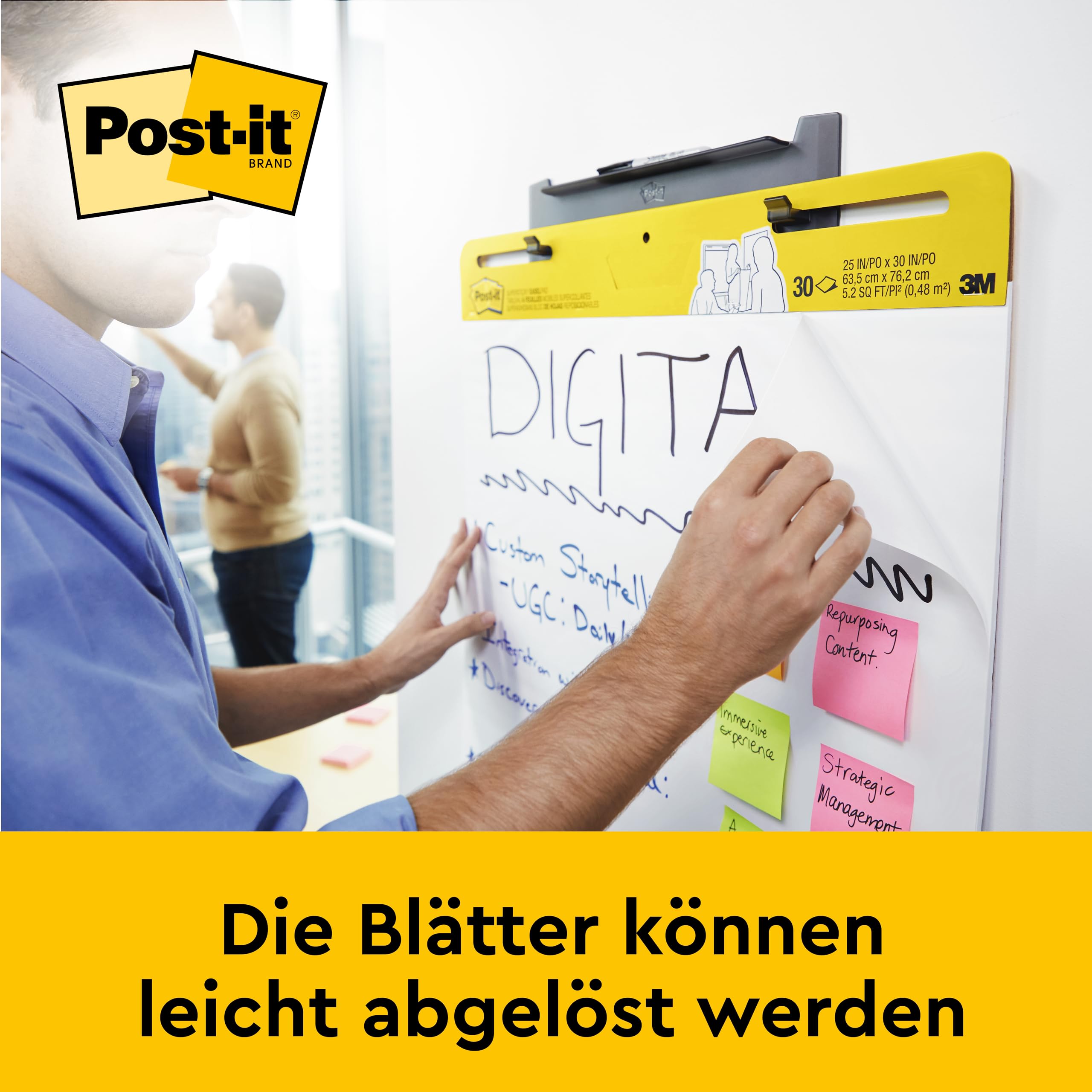 Post-it Super Sticky selbsthaftendes Meeting Chart (Flipchart) Promotion 2 Blöcke + 1 GRATIS, 63.5 cm x 76.2 cm, Farbe: Weiß - Selbstklebendes Flipchartpapier für Brainstormings überall