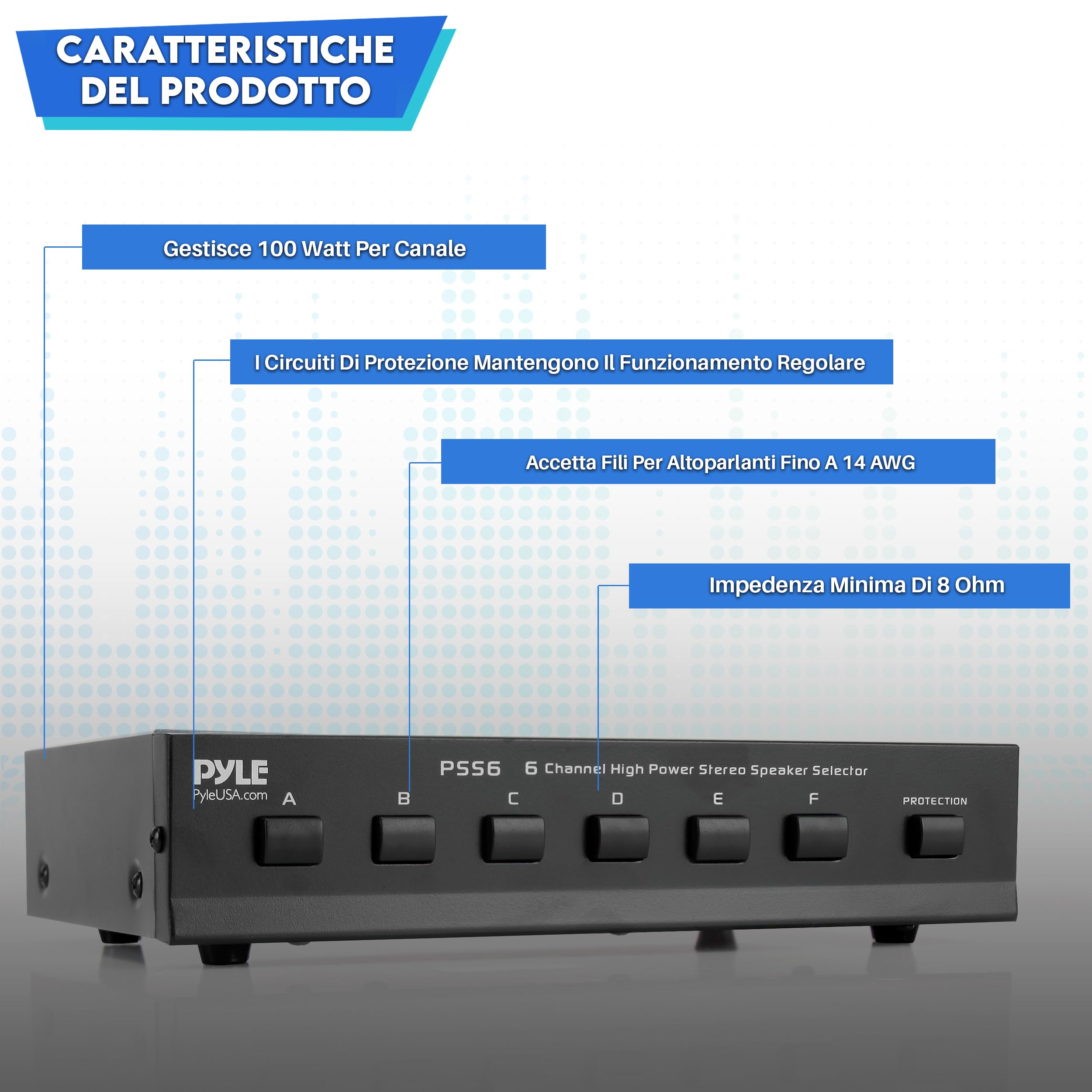Pyle Amplificatore Audio Stereo Selettore Altoparlanti 6 Zone Interruttore Multi-Canale