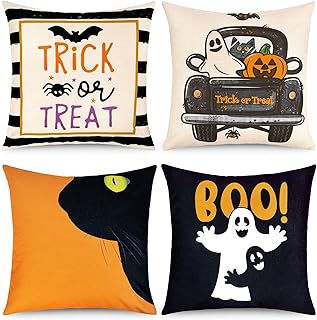 4 pièces Halloween Housse de Coussin Housse d'oreiller Décoratif Taie d'oreiller pour Halloween Trick Or Friandise Sorcière Citrouille Chat Cadeau Lin Coussin 45*45cm