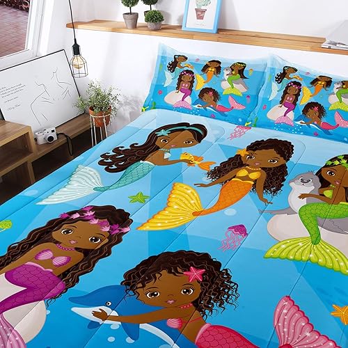 Miniatura 4 de SIRDO Ropa de cama de sirena, juego de edredón para niña negra, tamaño individual, decoración de dormitorio de sirena negra para niñas, juego de