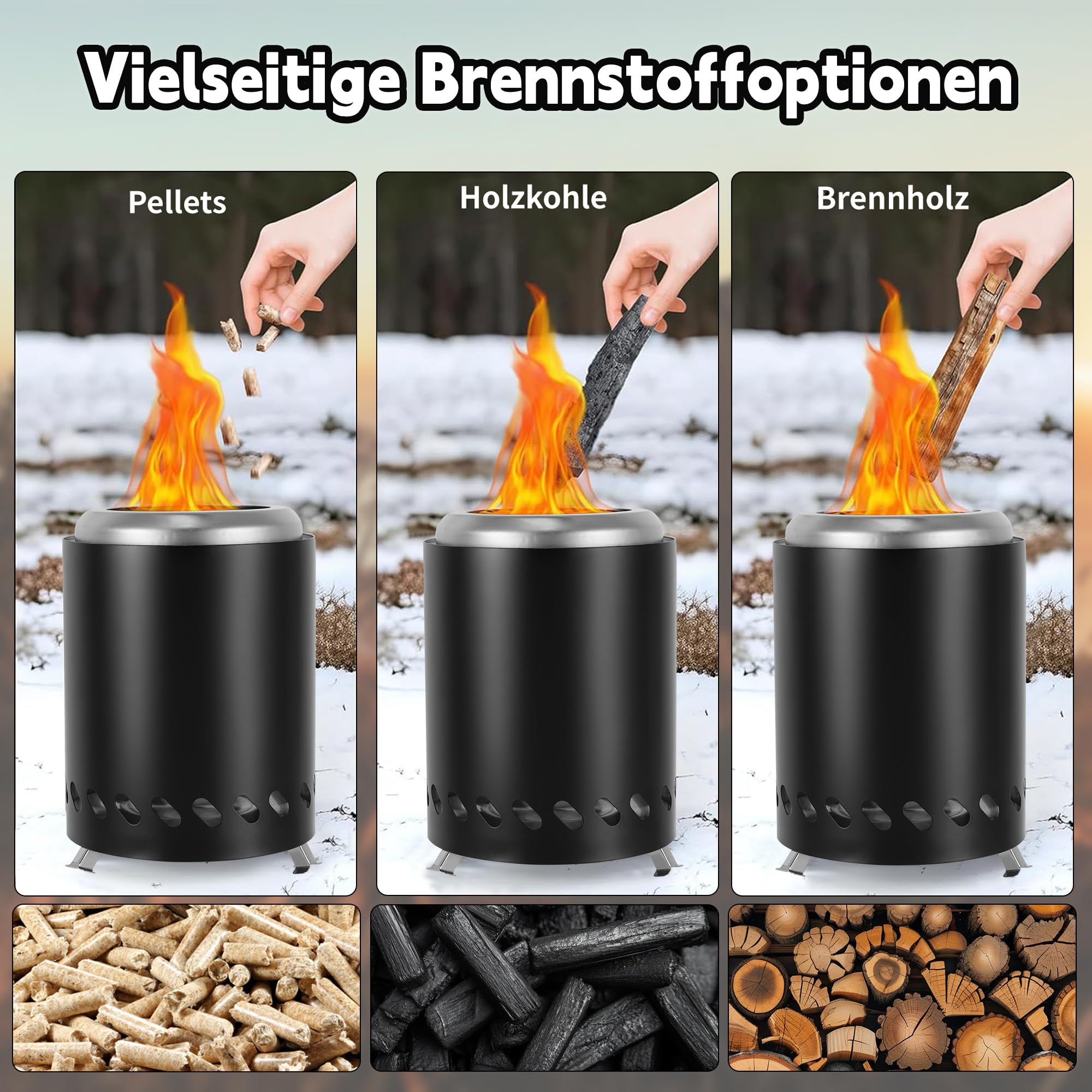 Outdoor Edelstahl Camping Tragbare Feuerstelle Betrieben mit Pellets oder Holz mit Reisetasche Für den Außenbereich, Schwarz