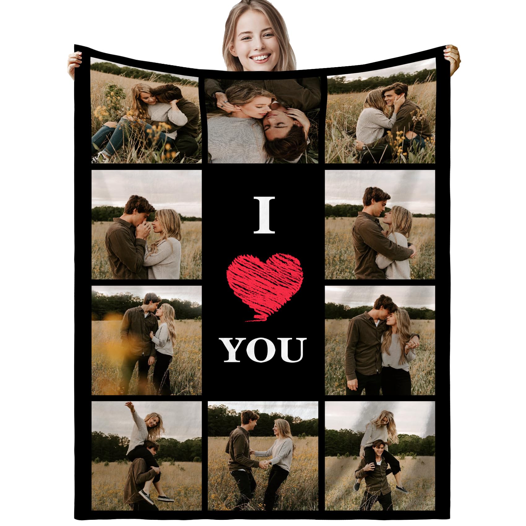 Plaid Personnalisé Photo Et Texte - Couverture Flanelle, Cadeau Unique Famille Couple