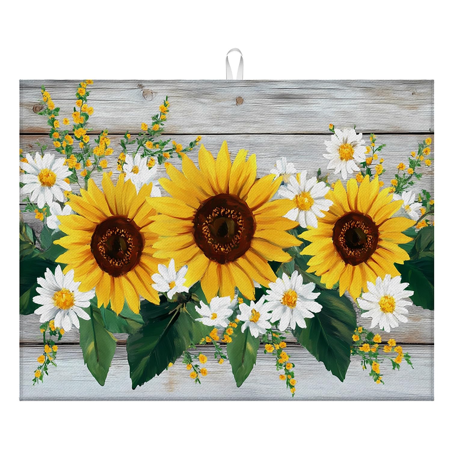Coffee Bar Dish Drying Mat, Absorbent Kitchen Counter Mat with Quick Dry Surface for Coffee Machine, Cups & Kitchen Accessories-Rustic Sunflower