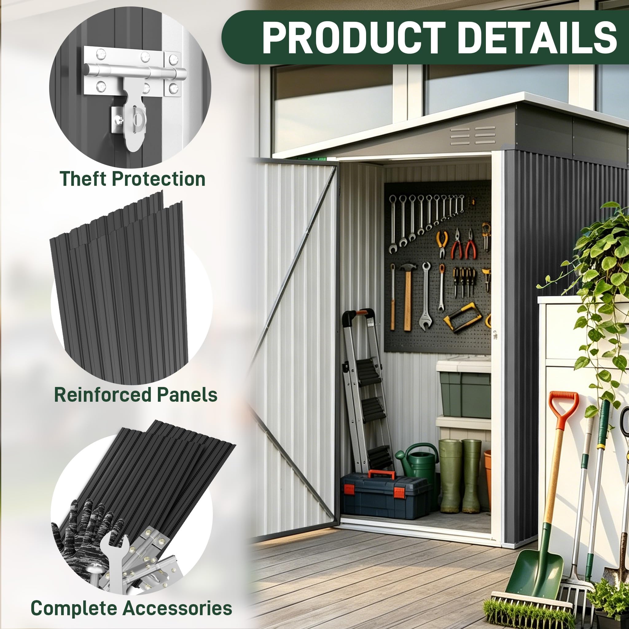 UISEBRT Capanno in metallo, 4 m³, 192 x 132 x 185 cm, resistente alle intemperie, con tetto inclinato e aperture di ventilazione, casetta da giardino chiudibile per attrezzi da giardino, attrezzi e