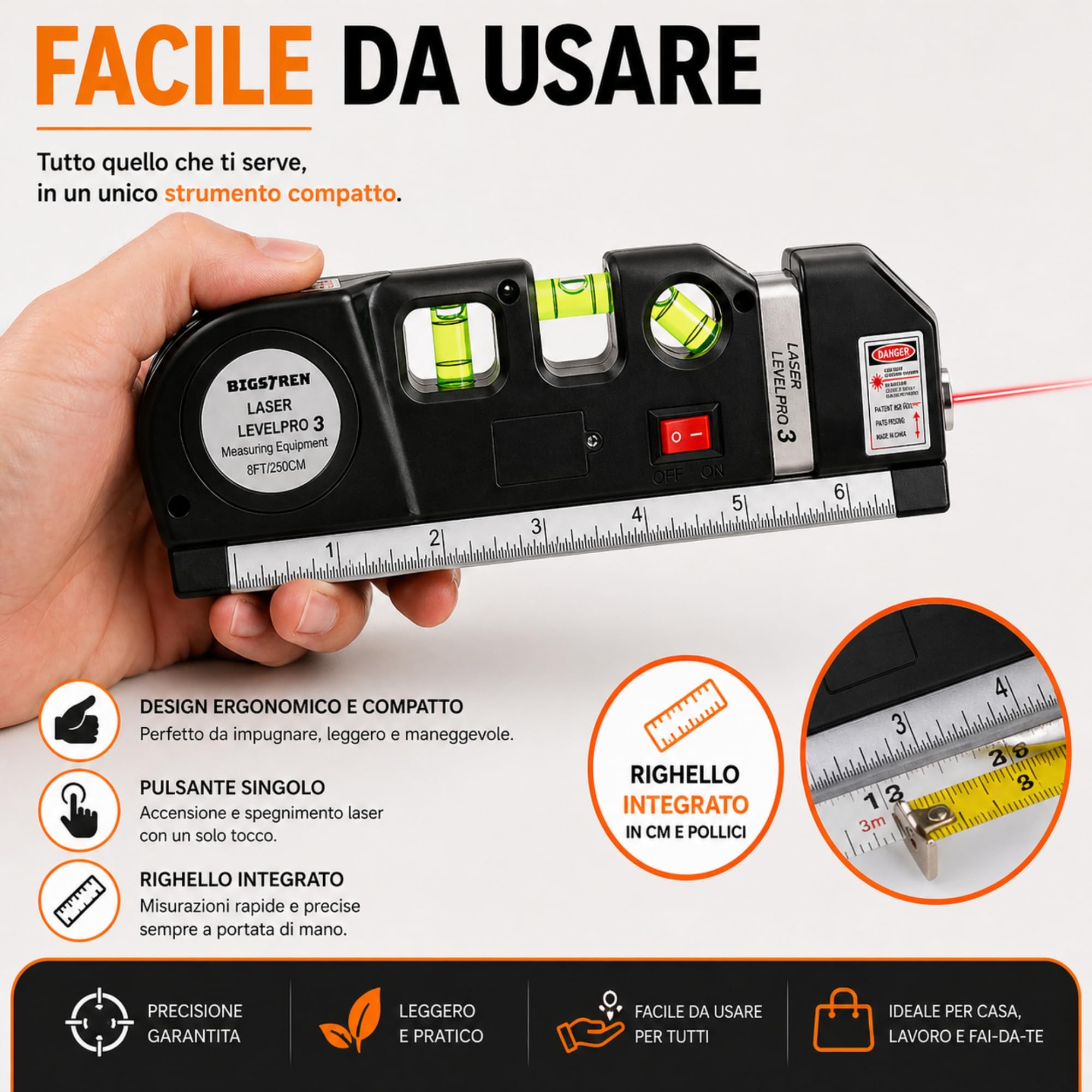 Livella Laser 4in1 con Metro 2,5m – Precisione Assoluta! Laser Rosso Orizzontale/Verticale + 3 Fiale - Perfetta per Montaggio Quadri, Piastrelle e Fai da Te, Strumento Professionale Preciso