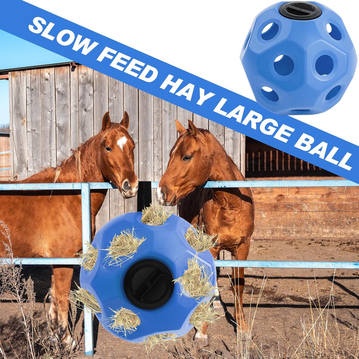 15.75" Hay Ball for Horse with Hanging Strap Slow Feed Horse Treat Ball Extra Large Hanging for Paddock Stall Stable Supplies(Blue)