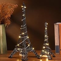 Vista 5 de 2 estatuas de la Torre Eiffel de metal de 10 pulgadas, 15 pulgadas, modelo de torre Eiffel, decoración temática de París con 2 cuerdas de luz
