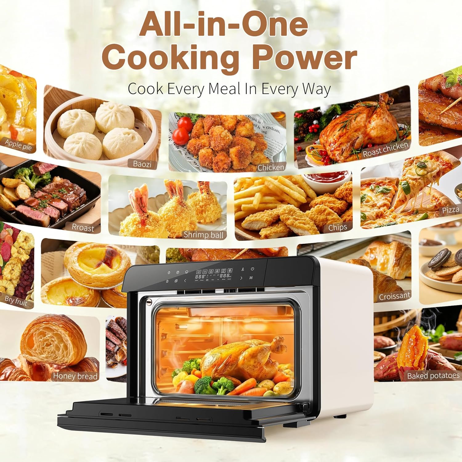 ROBAM Toaster Air Fryer Combi Oven, Countertop Steam Oven 20-in-1 with Convection Steam Roast & Bake, Multi-Stage Cooking, Self-Clean, 7 Modes, 30 Built-In Recipes, for Kitchen Pizza Baking (White)