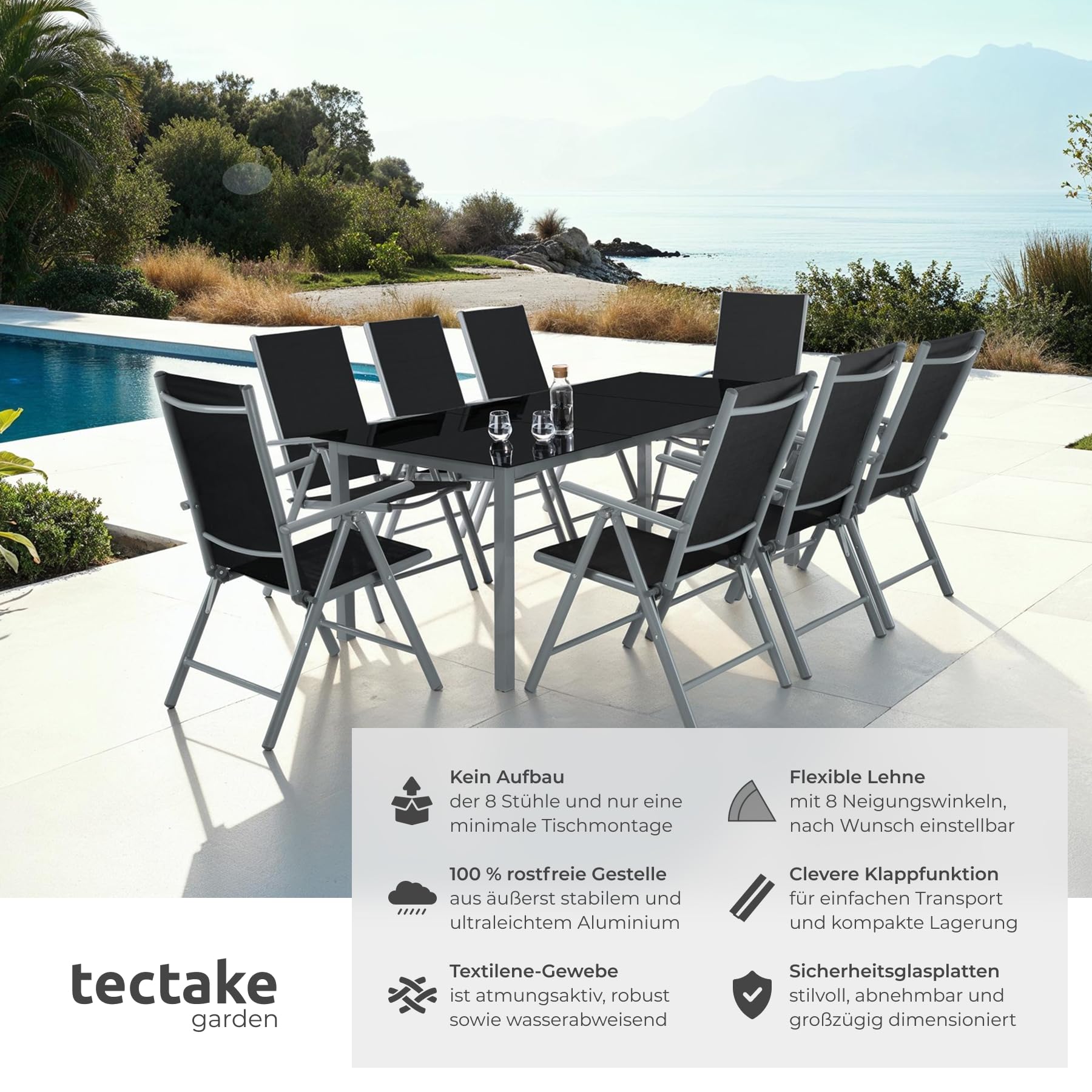 tectake® Aluminium Sitzgruppe 8+1, Gartenmöbel Set mit Stuhl und Tisch, klappbare Gartenstühle, Gartentisch mit Sicherheitsglas, wetterfeste Terrassenmöbel, für Garten Terrasse Balkon - anthrazit