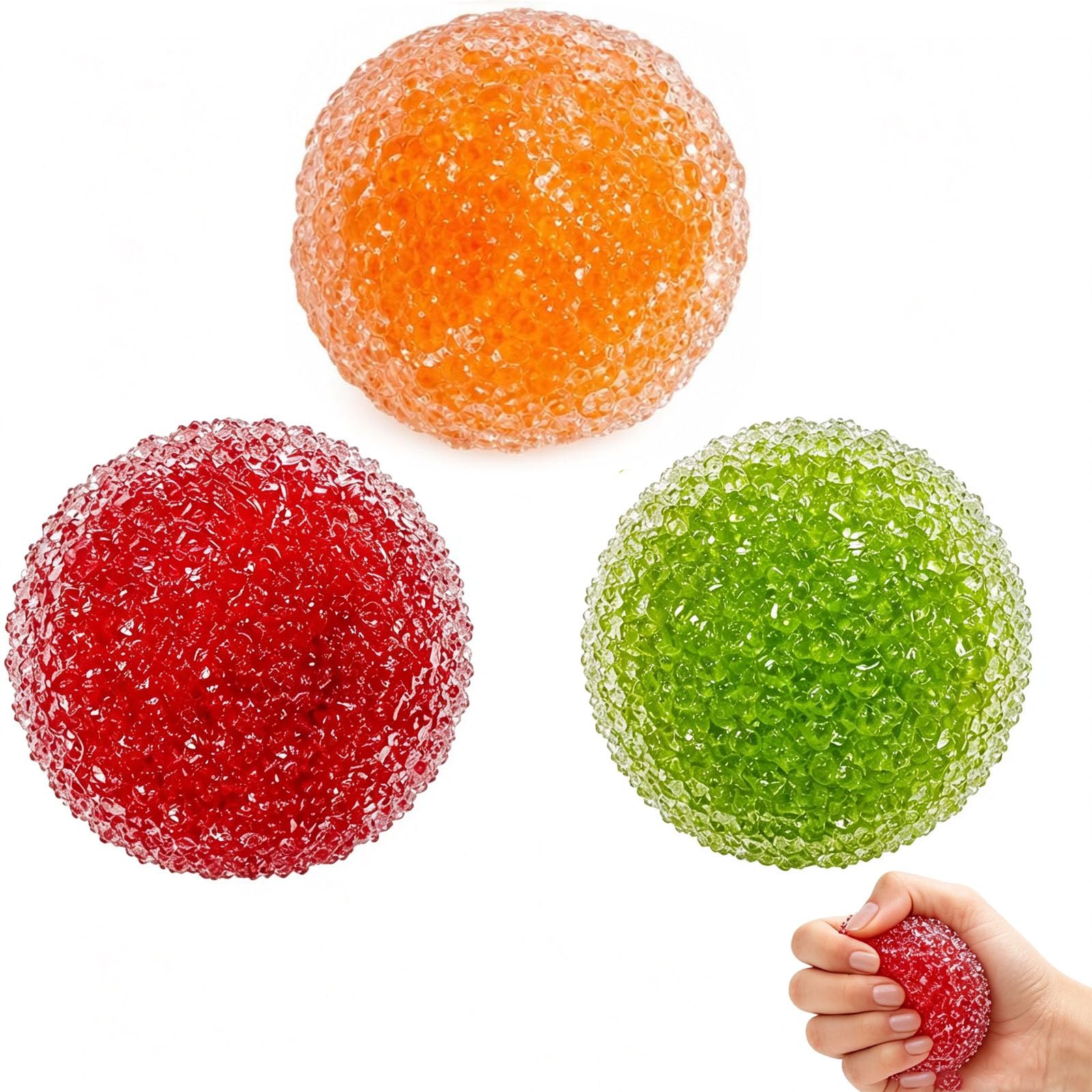3 PCS Crunchy Ice‑Candy Texture Squeeze Balls: For Stress Release & Concentration, Durable Desktop Decor Set, Red Green Orange Color Set