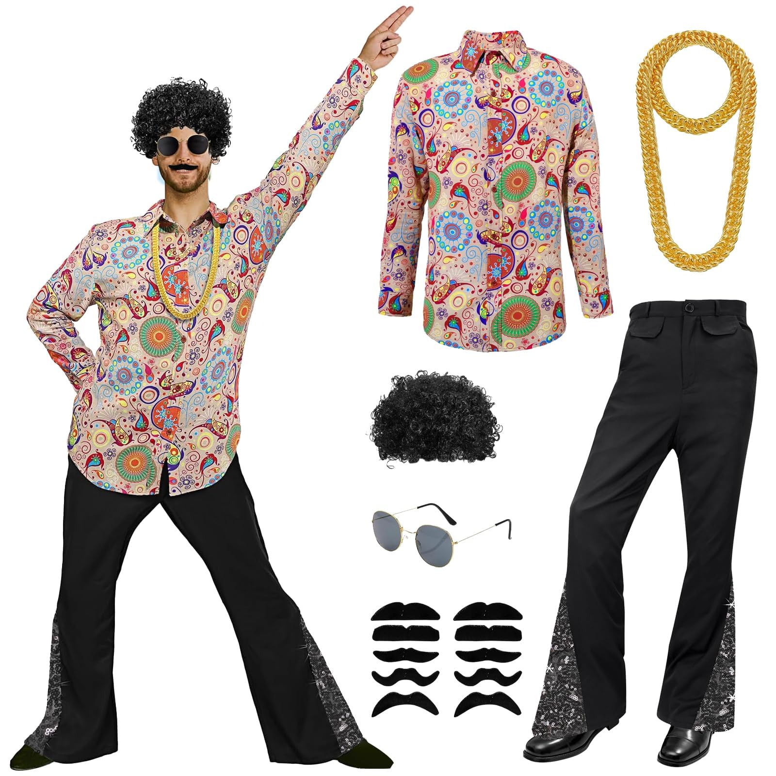 XJGQZ Mens 70s Disco Fancy Dress Costume, 6 Pack Retro Disco Outfit Includes Flared Trousers, Floral Shirt, Afro Wig, Gold Necklace, Moustache & Sunglasses - L