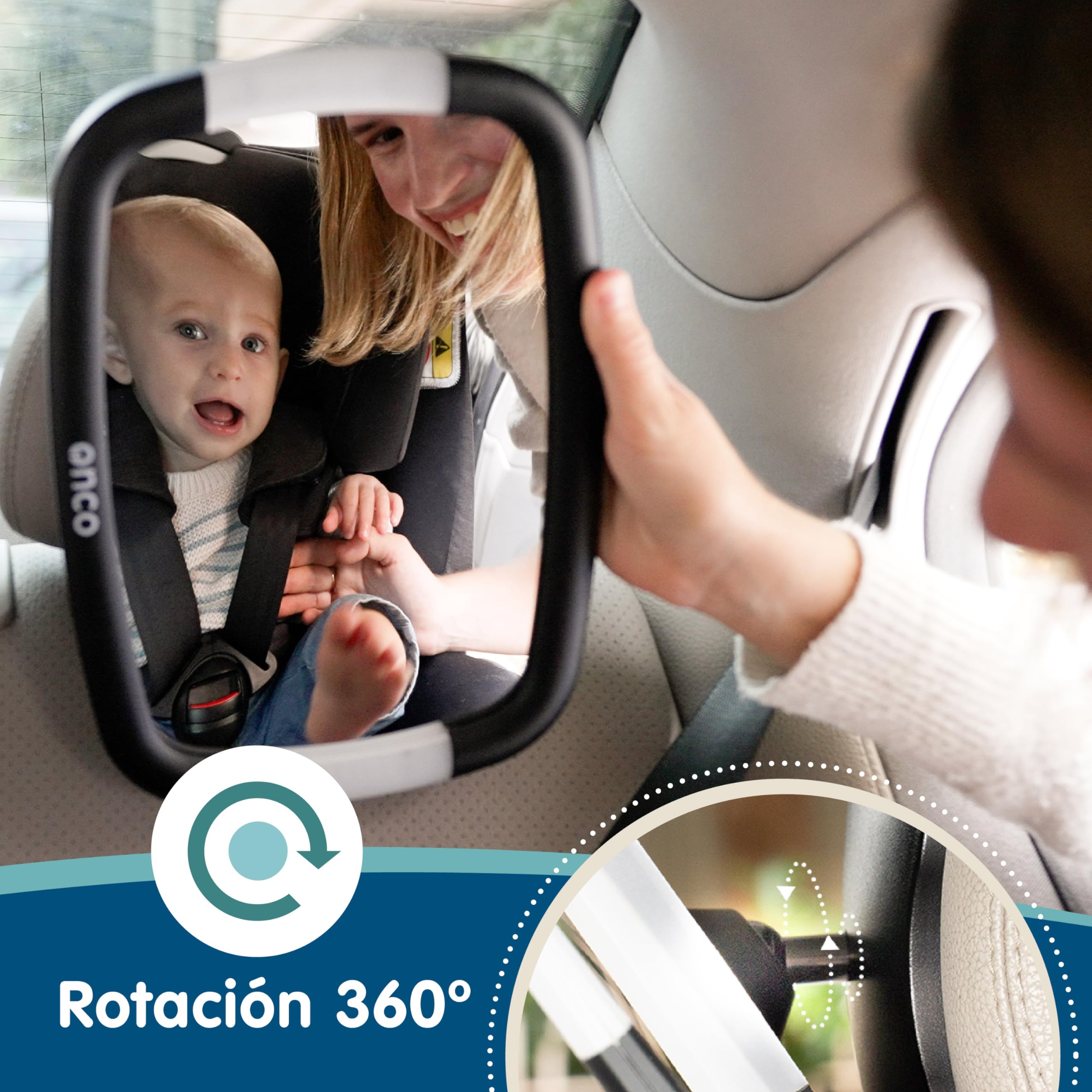 Onco Espejo Coche Bebé Con LED - 2 Modos de Luz Ambiental, 100% Irrompible, Ajuste Universal y Orientable 360°, Asiento Trasero, Retrovisor, Accesorios