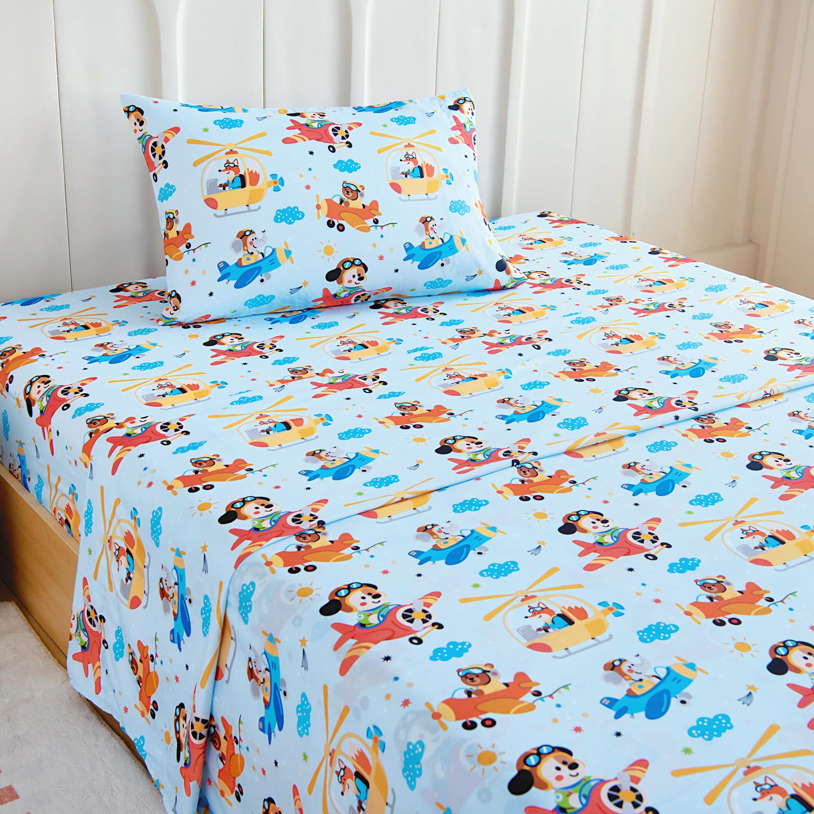 Twin Sheet Set Kids - Airplane 3 Pieces Soft Microfiber Cartoon Style Bedsheets for Boys Girls Teens, Oeko TEX Breathable 15 Inch Deep Pocket Sheets(Animal Captain)