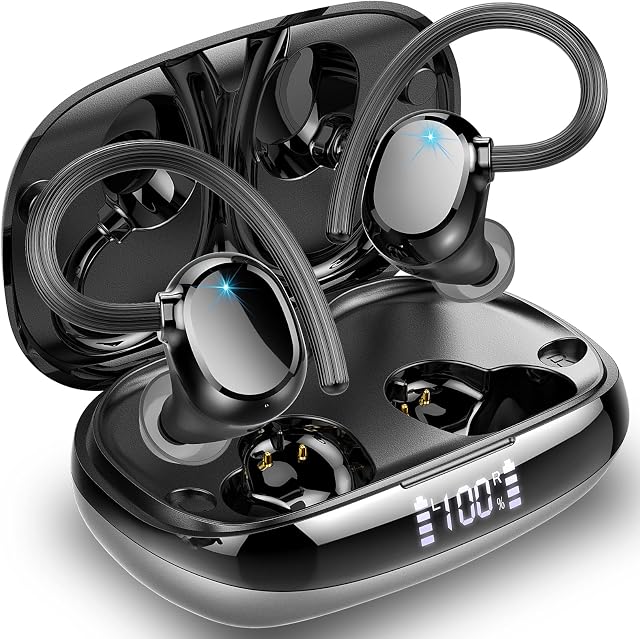 Wireless Earbuds, Bluetooth 5.3 Headphones, Bluetooth Earbuds with Stereo Sound, 42 Hrs of Playtime, IPX7 Waterproof, LED Display, Over Ear Earphones with Mic for Sports Running Workout Gym