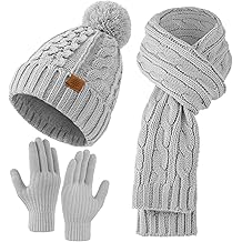 Womens Winter Beanie Hat Scarf Gloves Set, Pom Pom Beanie Warm Knit Scarf Touchscreen Gloves for Cold Weather
