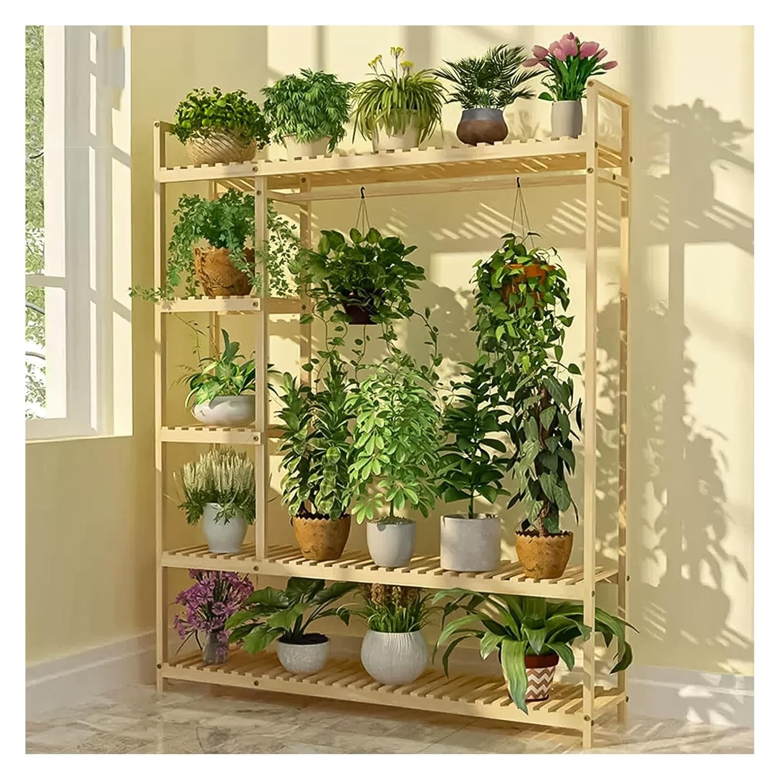 Support pour plantes d'intérieur beige avec étagère réglable