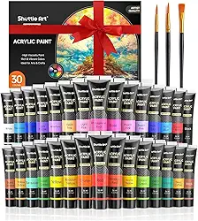 Shuttle Art Conjunto de tinta acrílica de 30 cores, tubos de 36 ml com 3 pincéis, tinta acrílica de grau artístico, para crianças, adultos, iniciantes, pintura em artesanato, tela, rochas de madeira
