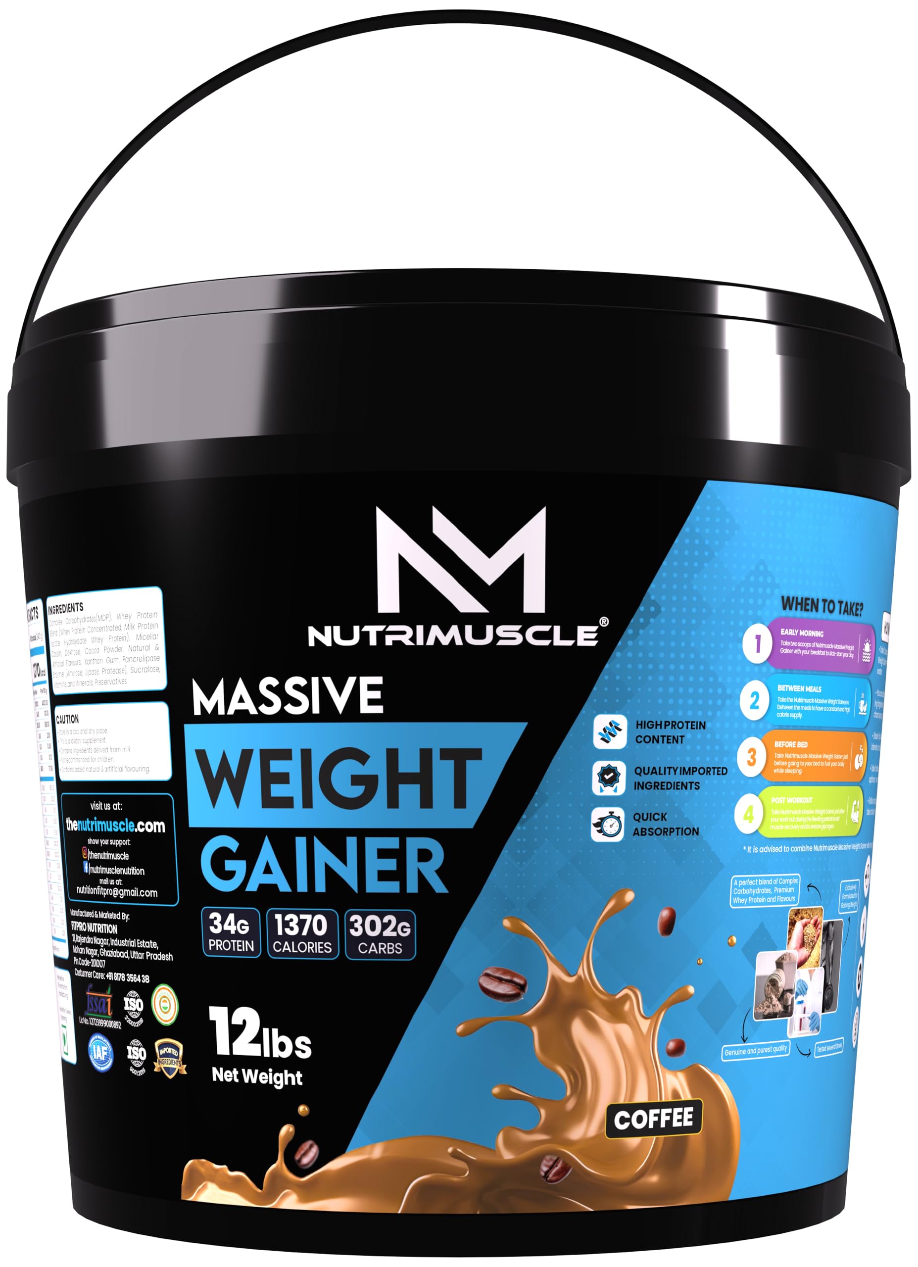 Nutrimuscle Massive Weight Gainer - 12 lbs - 5.44 Kgs - Coffee Flavour For Weight & Mass Gain