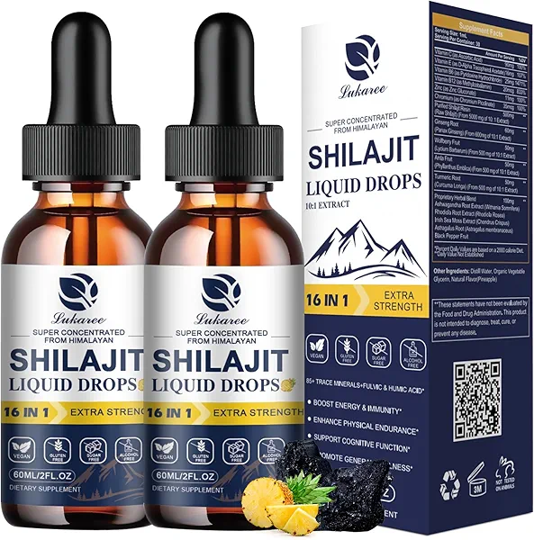 Lukaree 16-in-1 Shilajit Drops for Men and Women, Ashwagandha, Ginseng, Turmeric, Rhodiola, Amla, Sea Moss, Liquid Vitamin Supplement with 85+ Trace Minerals and Fulvic Acid, 2 FL Oz (2 Pack)