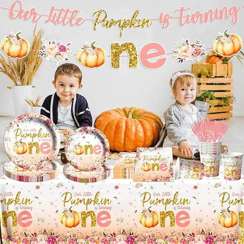 Miniatura 2 de Decoraciones de primer cumpleaños de calabaza pequeña para niña, 142 piezas, Our Little Pumpkin is Turning One, vajilla desechable de calabaza