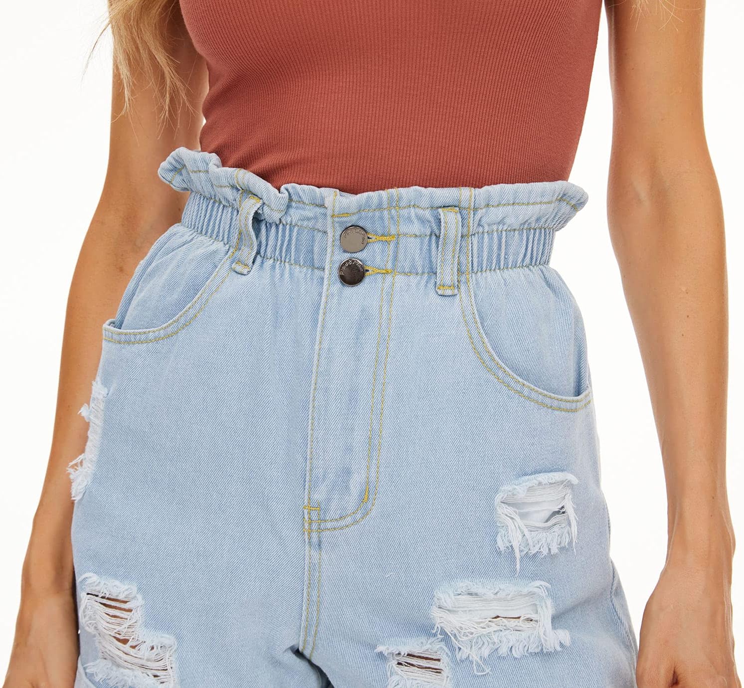 Plaid&Plain Women's High Waisted Denim Shorts Rolled Blue Jean Shorts - Image 4