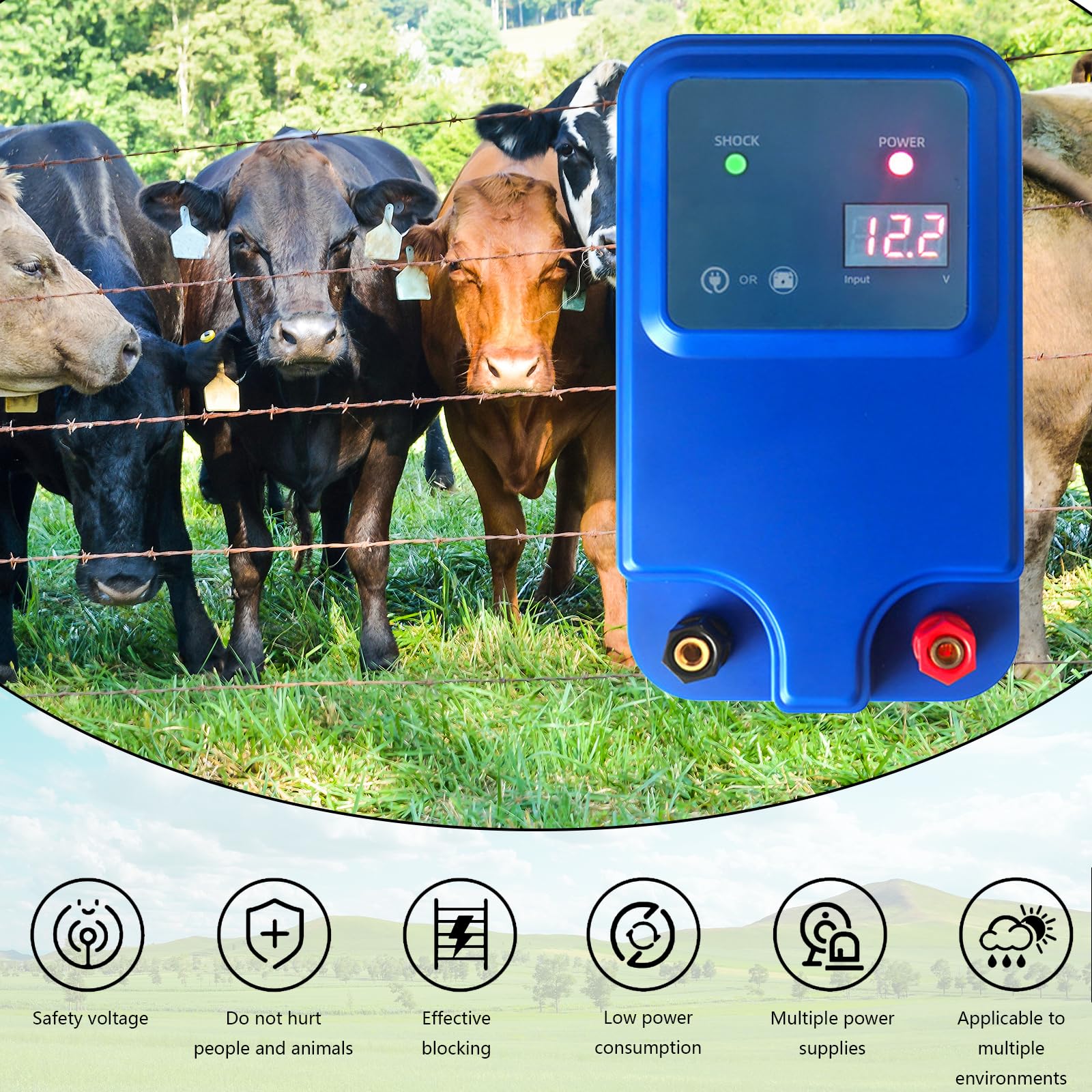 Pastor Electrico 12V, Pastor Electrico Para Perros Cerca Con Pantalla Led Alcance De 5 Km, 1,5 Julios Para La Protección De Ganado Ovejas Aves De Corral Pastos Jardines