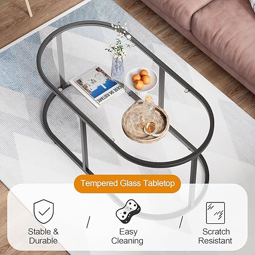 Miniatura 7 de Mesa de café Wolawu Mesas de café de vidrio negro para sala de estar, mesa de centro ovalada con marco de metal resistente, mesas de acento modernas