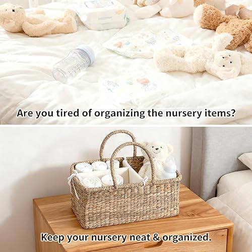 Miniatura 2 de Organizador de pañales de mimbre para bebé, cesta tejida de hierba marina con asas, cesta de pañales con divisores (rectangular)