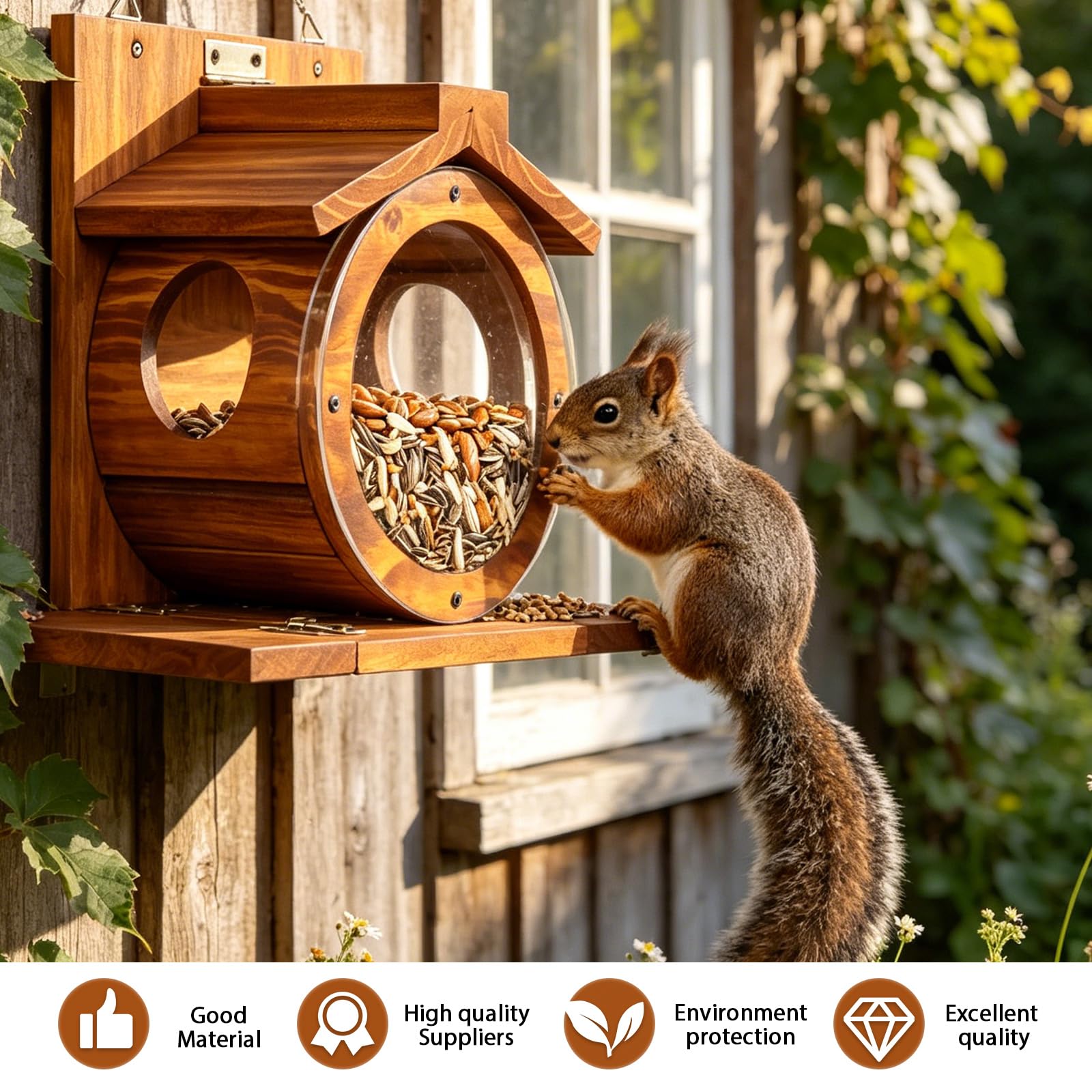 Eichhörnchen Futterhaus aus Holz, Wetterfest Eichhörnchen Haus mit Transparentem Fenster und 2.75" Grosser Oeffnung Wandmontage Robuste Futterstation für Garten Hinterhof Und Aussenbereich