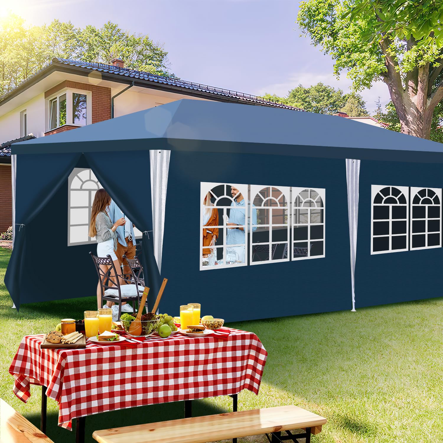 Tonnelle imperméable 3 x 6 m avec 4 Panneaux latéraux, Protection UV, pour Jardin, Mariage, extérieur, fête, Camping (Bleu)