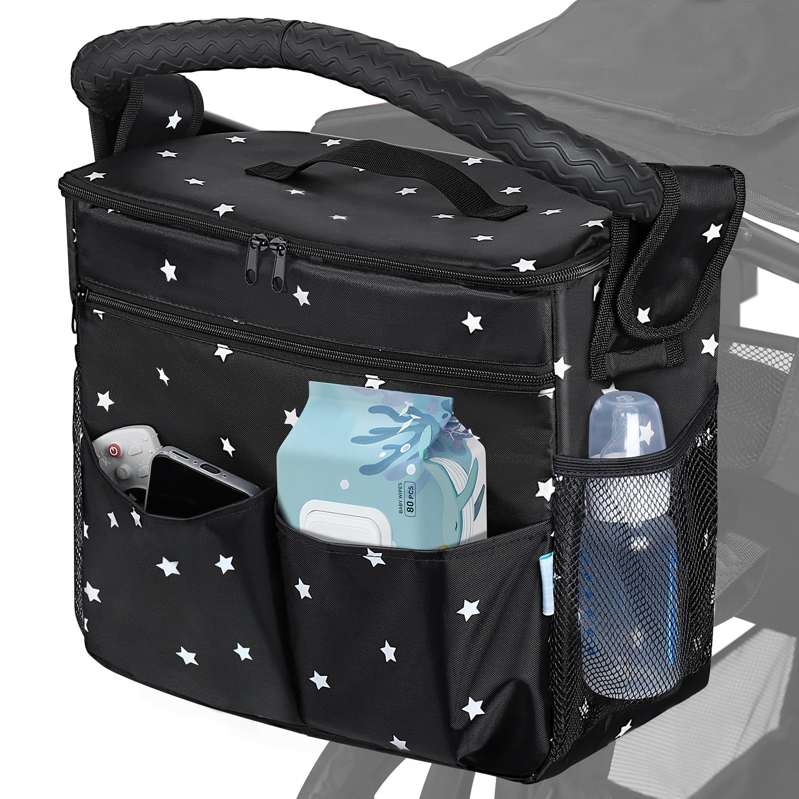 Orzbow Kinderwagen Organizer, Wasserdichte Kinderwagen Tasche mit Getränkehalter & Abnehmbarer Trennwand, Universell Einsetzbar, Robuster Klettverschluss, Verstellbarer Schultergurt & Haken, Schwarz