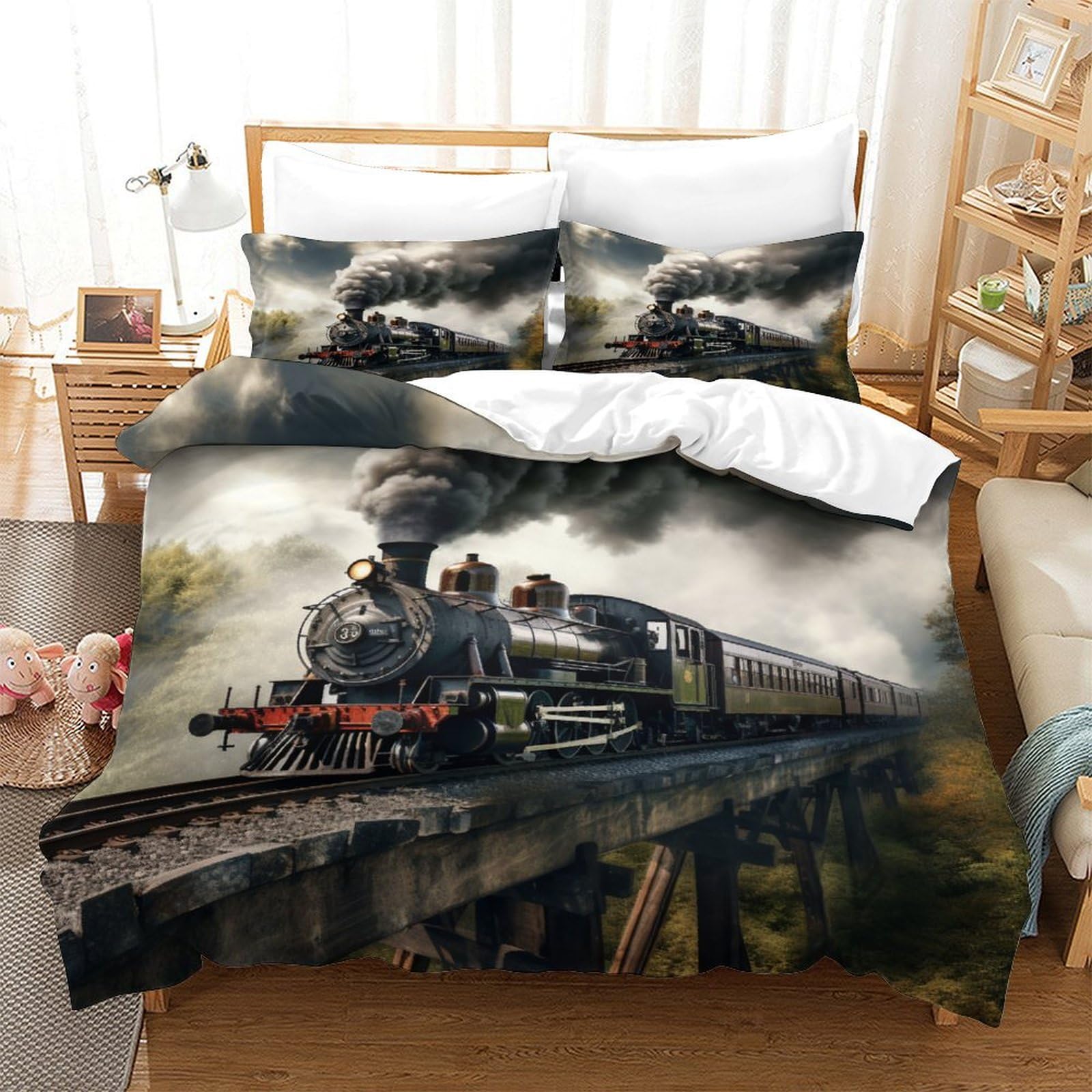 Funda Nórdica Tren De Vapor 150x200 Cm Con 2 Fundas De Almohada - Microfibra Suave, Cremallera Oculta, Diseño Clásico Ferroviario