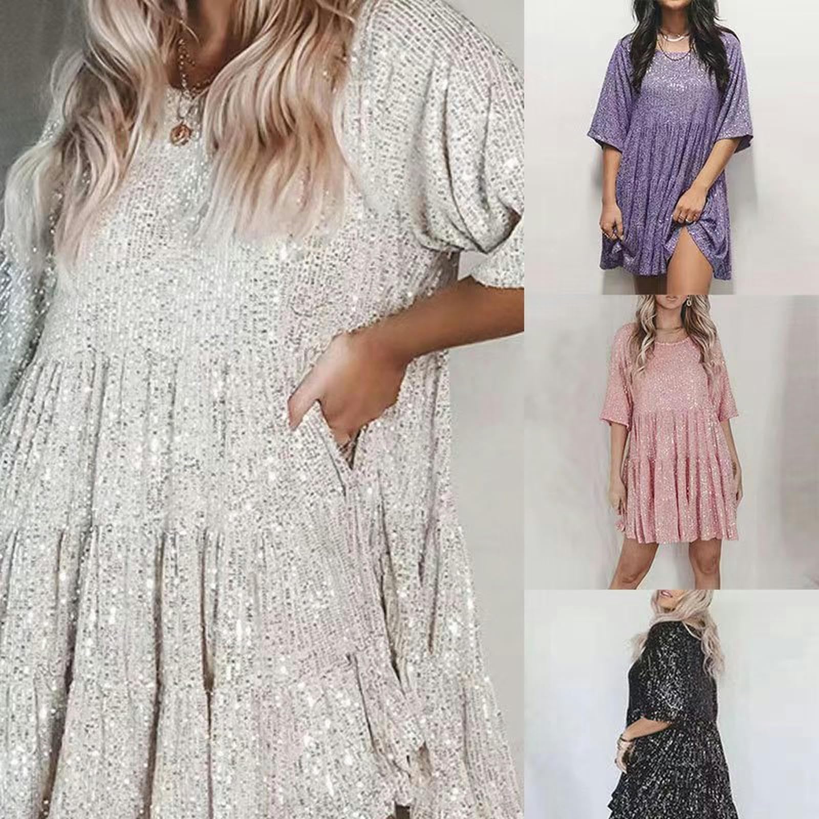 Abiti da Donna Abito da Donna con Paillettes di Paillettes Rotonda Gonna Corta Galza Sciolta A Manica Corta Abito per Banchetto Temperamento Elegante Abito Elegante