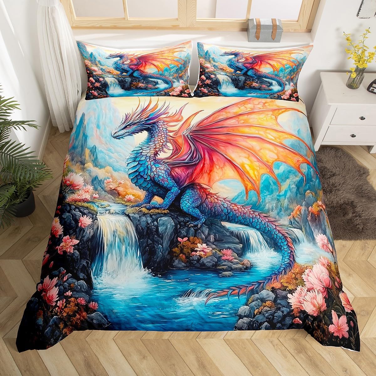 Gorgeous Dragon Duvet Cover Toddler Size Blooming Flower Bedding Set 2pcs Vintage Chinese Style Comforter Cover for Kids Bedroom Decor Moutain Landscape Quilt Cover,1 Pillowcase(Not Comforter)