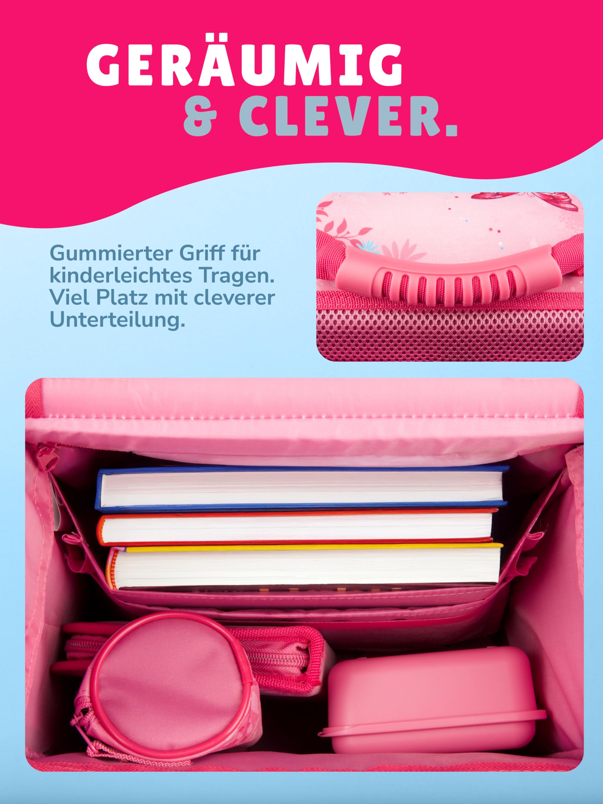 Familando - Schulranzen Set CLOU - 9-teilig mit Sporttasche - Schmetterlinge - Ergonomisch, Stabil & mit gepolstertem Rücken - 930g leicht - 15L Volumen - Mit Reflektoren - ab 1. Klasse