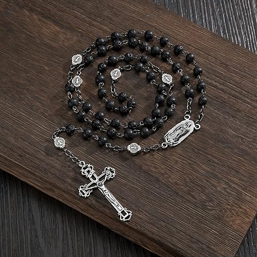 Miniatura 3 de SALOMOCA Collar de rosario de cuentas con crucifijo y medalla de Nuestra Señora de Guadalupe, cuentas de roca volcánica negra, rosarios de oración