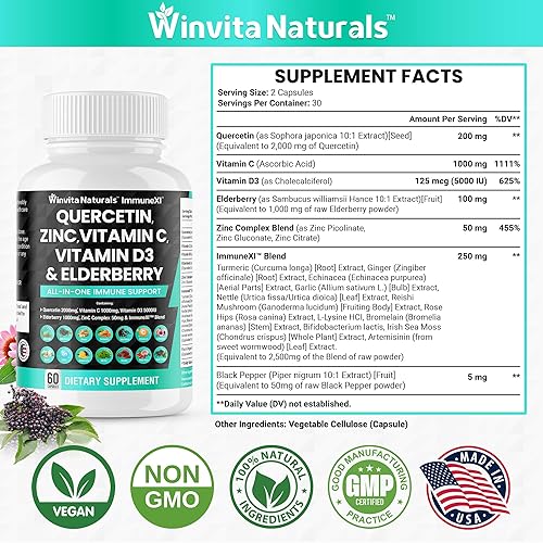 Miniatura 3 de Quercetina 2000 mg Zinc 50 mg Vitamina C 1000 mg Vitamina D3 5000IU - Suplemento de apoyo del sistema inmunológico con equinácea jengibre bromelina