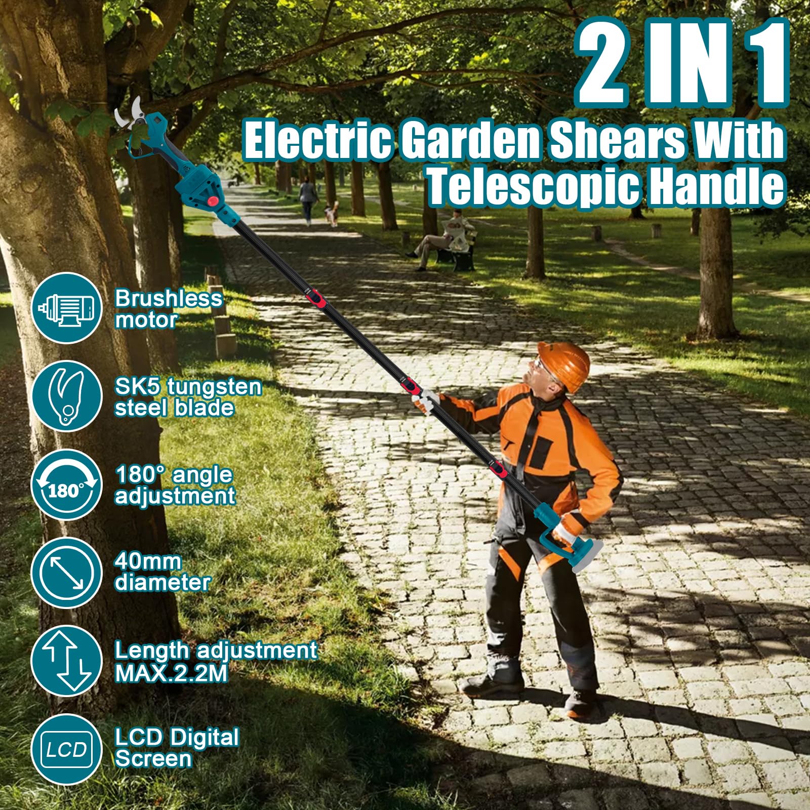 Tijeras de podar eléctricas, con barra de extensión de 2,2 m, apertura máxima de 65 mm, diámetro de corte de 40 mm, tijeras telescópicas 2 en 1, compatible con Makita 18 V, para cortar árboles (sin