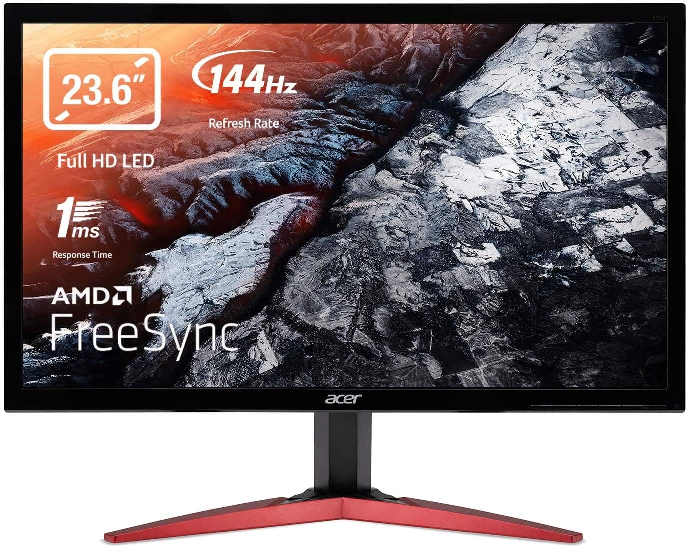 Acer KG241QSbiip Monitor Gaming FreeSync, 23,6, Display Full HD, 144 Hz, 165 Hz Overclock, 1 ms, 16:9, HDMI 2.0, DP 1.2, Lum 300 cd/m2, Cavo HDMI Incluso, Nero