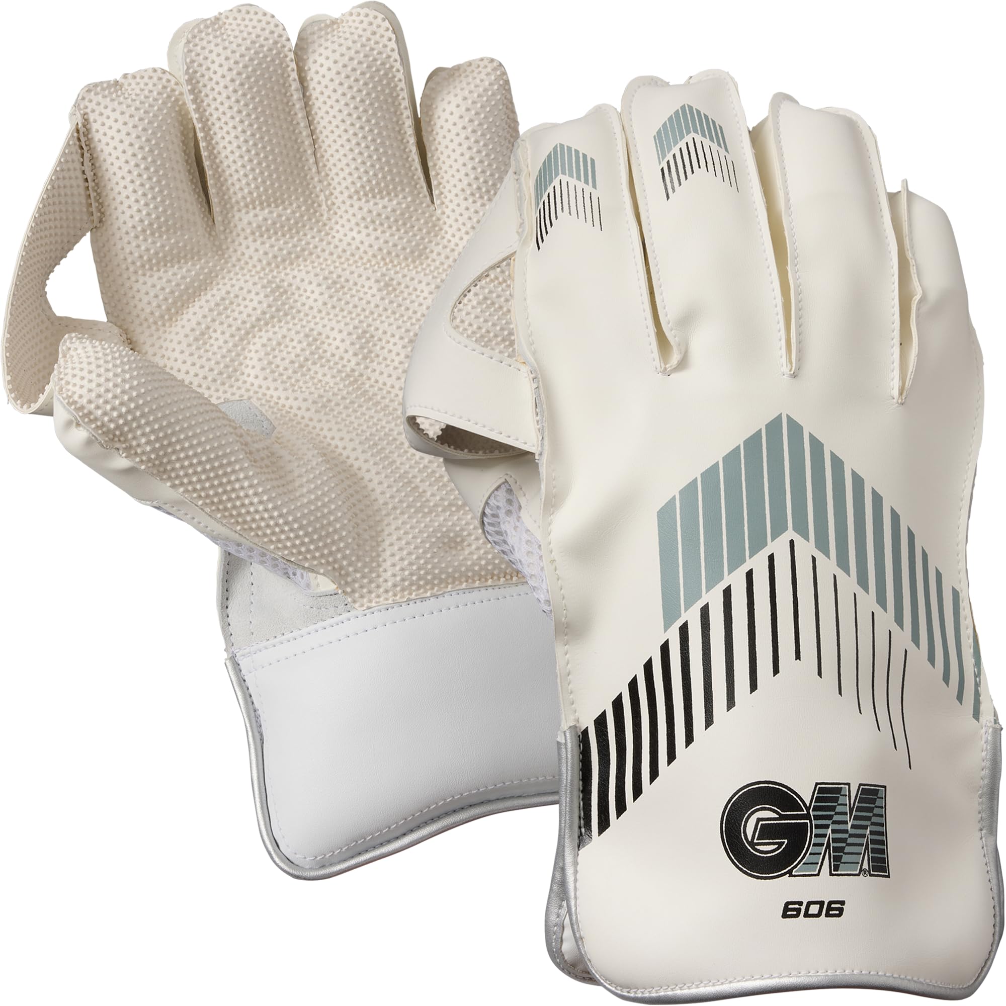 Gunn & Moore GM 606 Cricket Wicket Keeper Keeping Gloves | PU Faux Leather Back of Hand | Pimple Rubber Palm Facing | Adult | 1 Pair | White with Grey & Black Chevron