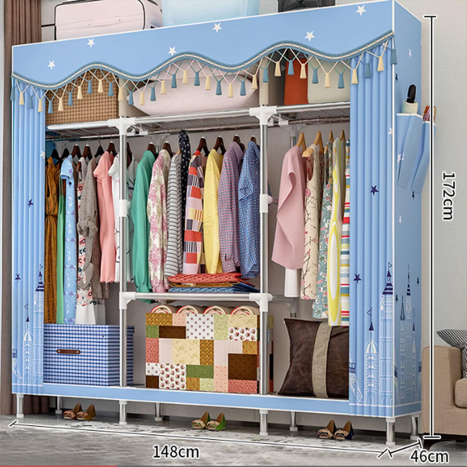 Kleidergarderobe, tragbarer Canvas-Kleiderschrank für Schlafzimmer, Kleiderschrank-Aufbewahrungsorganisator mit Kleiderstange, faltbarer Schrank, robust und langlebig, B-148 x 46 x