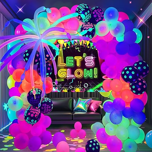 Kit de guirnalda de arco de globos de neón de 160 piezas, decoraciones de fiesta de cumpleaños que brillan en la oscuridad, globos UV, pancarta de