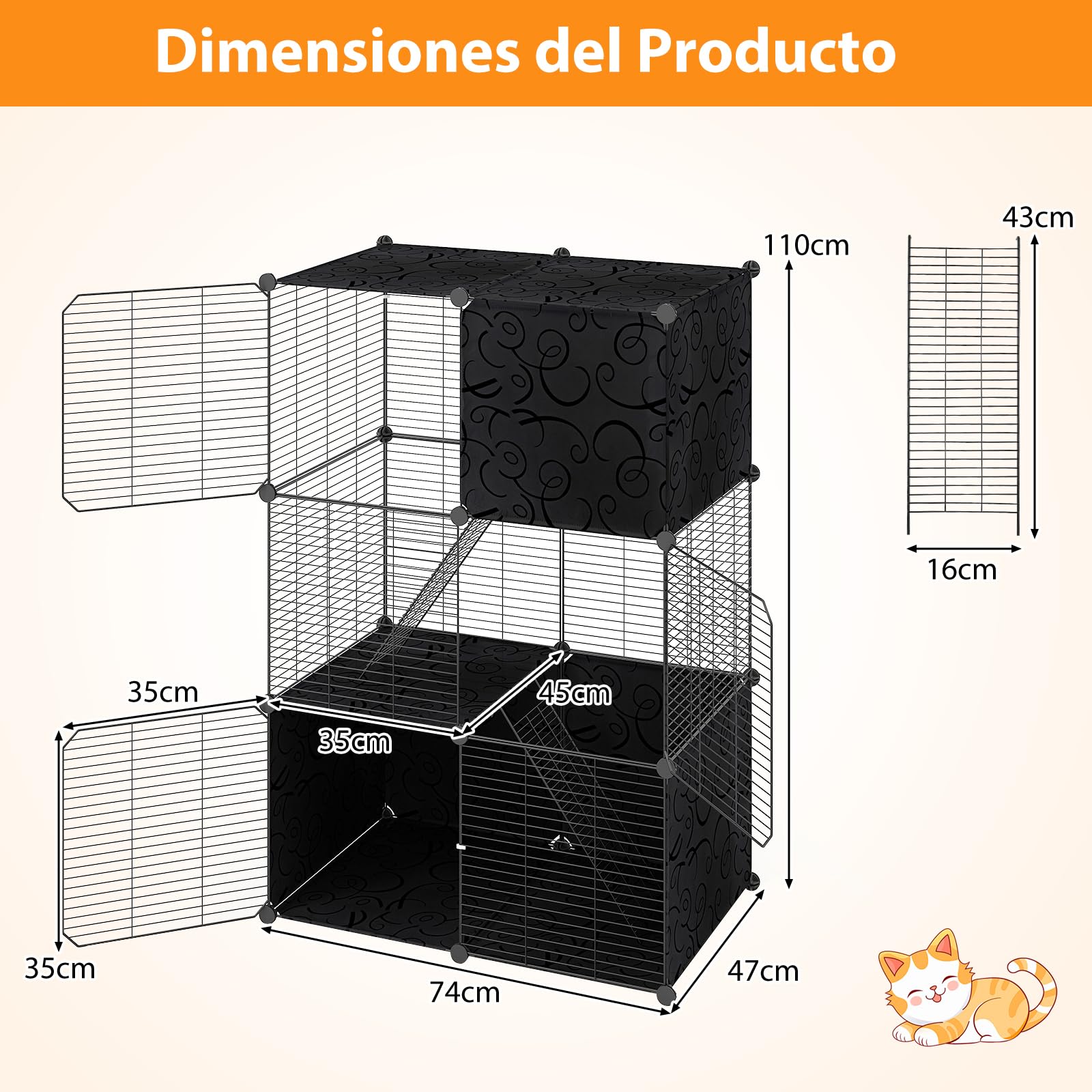 COSTWAY Jaula Grande para Gatos, Recinto para Gatitos de 3 Niveles de Alambre Metálico para Interiores, Parque de Metal para Gatos, Corral para Mascotas para Pequeños Animales, 74 x 47 x 110 cm