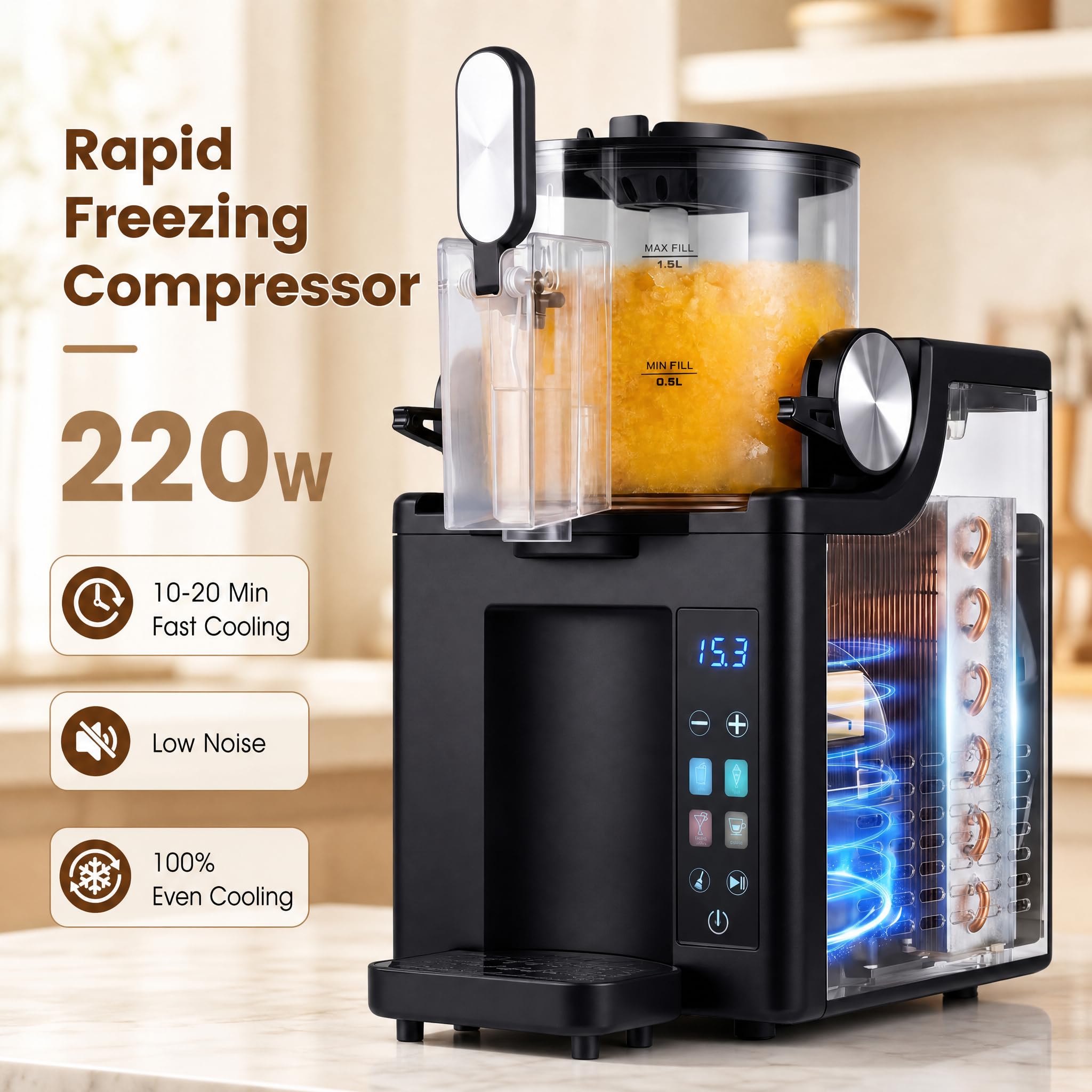 LIFEZEAL Maszyna do lodów typu slush, 1,5 L maszynka do lodów włoskich z 220 W kompresorem | Maszynka do lodów do slushies, koktajli, frappés i koktajli mlecznych, automatyczne czyszczenie, wyświetlacz LED, 4 programy