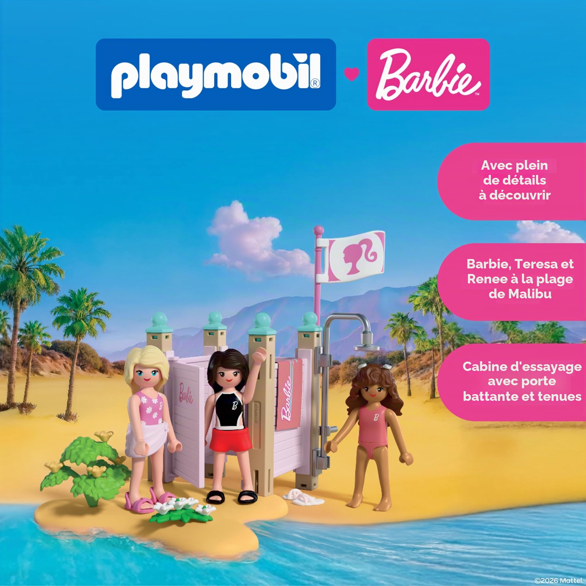Playmobil Barbie Mode de Plage, Cabine de Change et Douche avec Barbie, Teresa et Renee, Favorise Le Jeu de rôle et la créativité, pour Enfants à partir de 4 Ans, 72124