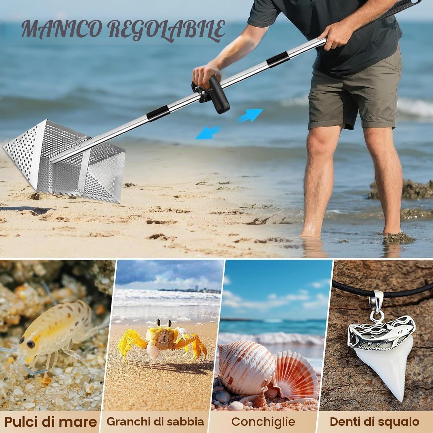 Set di rastrello per pulci, setaccio per sabbia da spiaggia in acciaio inox con cestello largo da 40 cm a denti di squalo, rastrello per sabbia scavato in acciaio al carbonio, rastrelli con manico