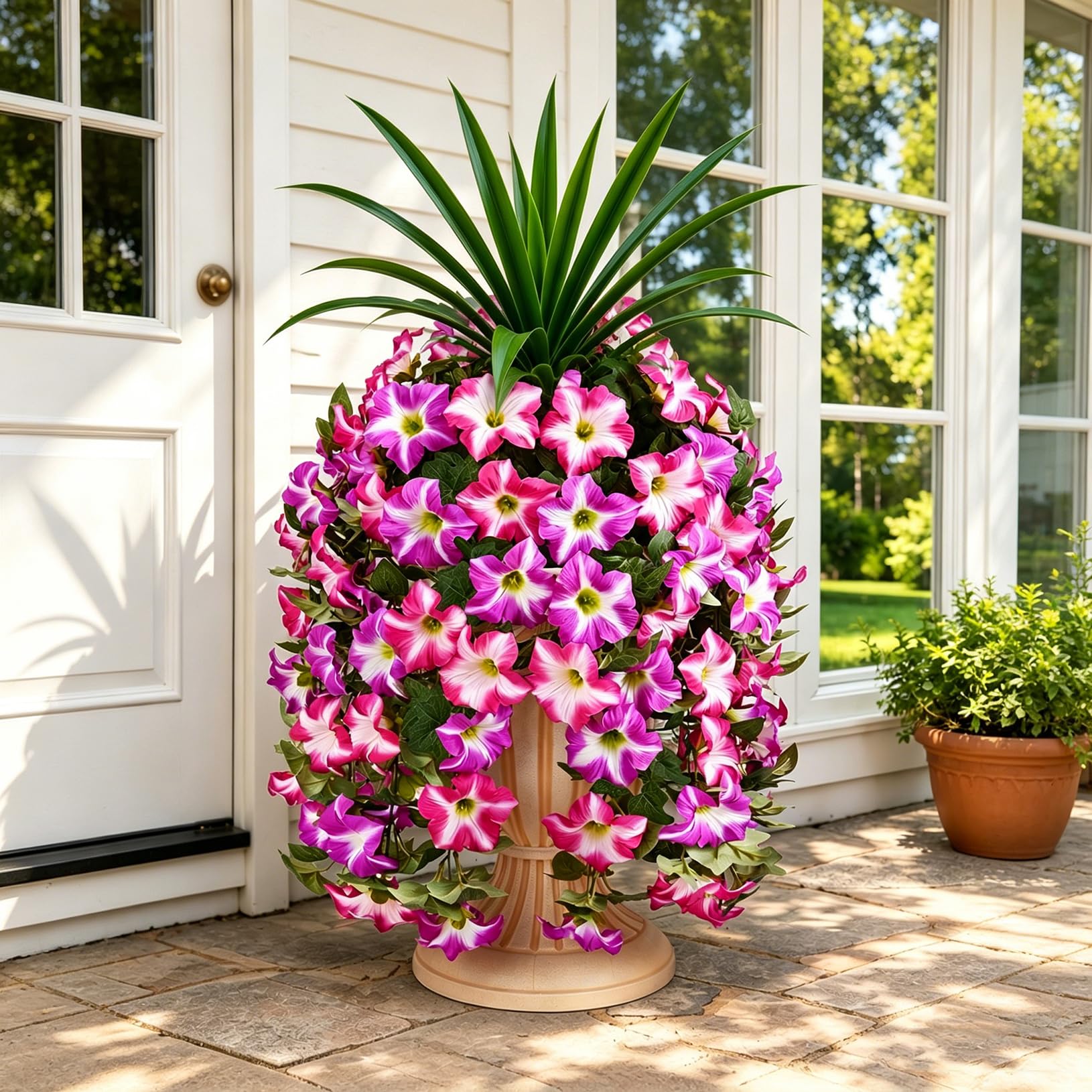 ATAVSADN Artificial Flowers for Outdoors, 6 Bundles UV Resistant Fake Plants Outside, Faux Hanging Flowers with Morning Glory & Orchid Leaves, for Porch Planters Garden Patio Wall Decor